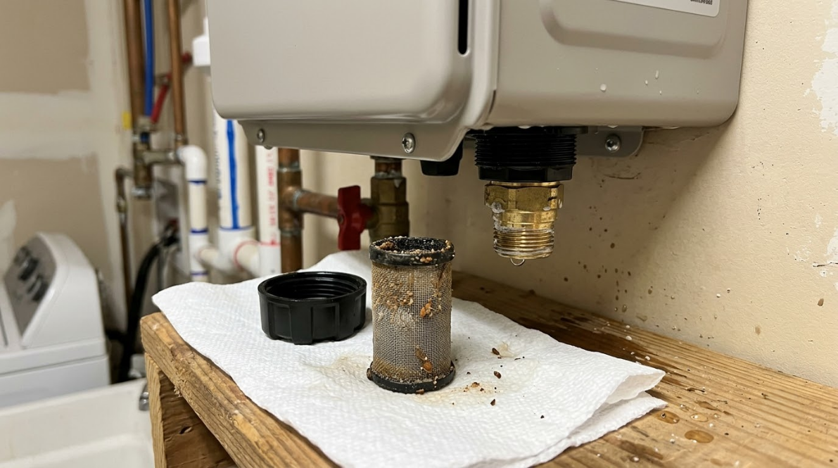 Water heater drain area with a black cap and a rusty, wet filter resting on a paper towel.