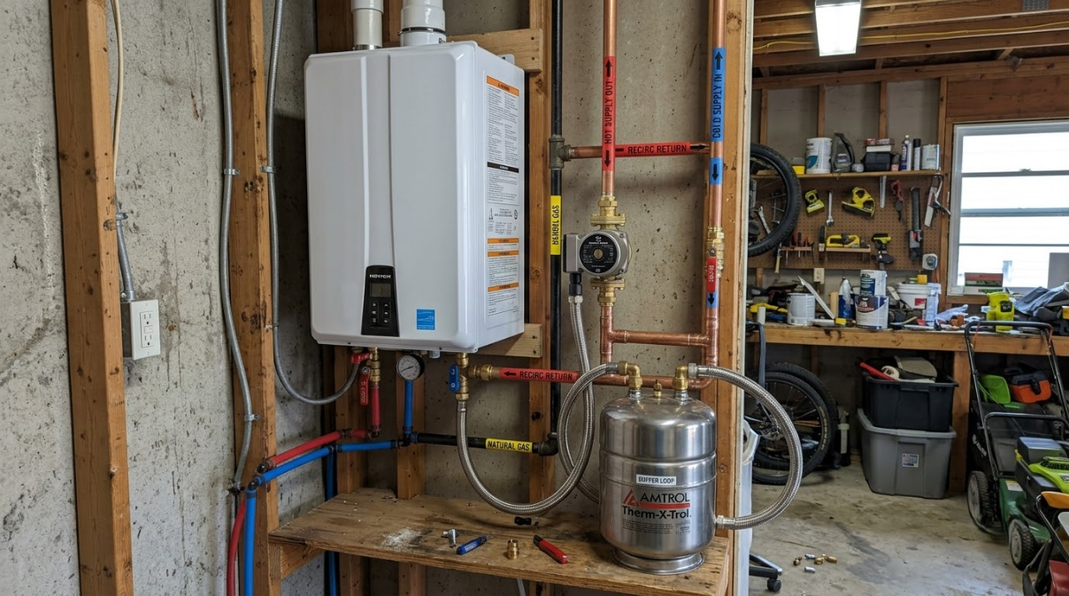 Utility room with wall-mounted water heater, copper pipes, and a stainless steel pot on a wooden workbench