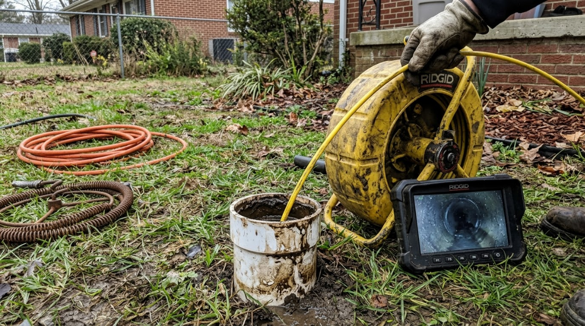 Worker at sewer drain, holding yellow hose reel beside bucket and inspection camera in muddy yard