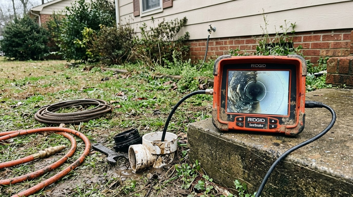 Red portable work light on concrete slab beside hoses and tools in a yard next to a house