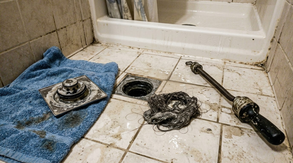 Bathroom floor with a clogged drain, blue towel, pliers, and a pile of hair/debris on white tile.