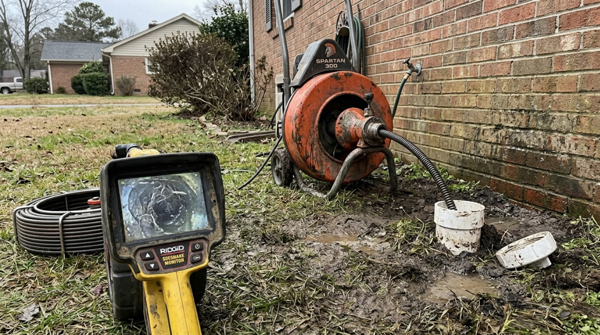 A yellow survey device in a muddy yard beside a brick wall and orange hose reel