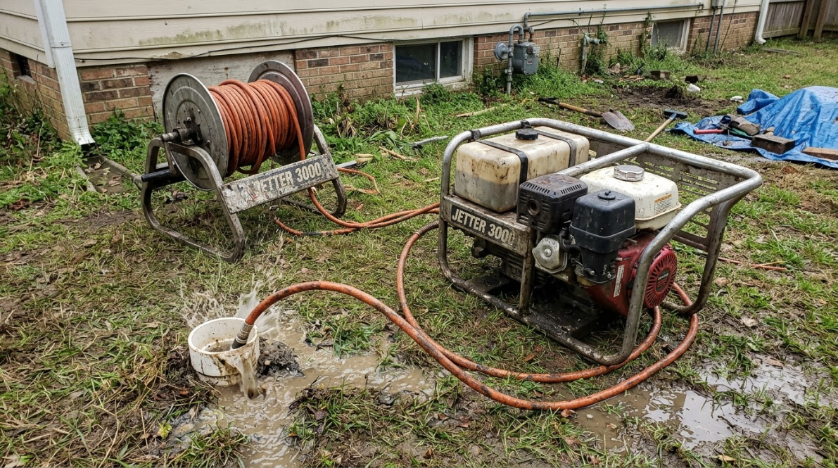 Portable pressure washer and hose reel on muddy ground beside a house exterior.