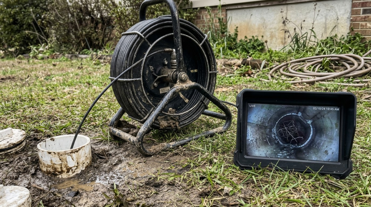 Coiled black hose reel and a dark work light on muddy ground beside a small bowl outdoors