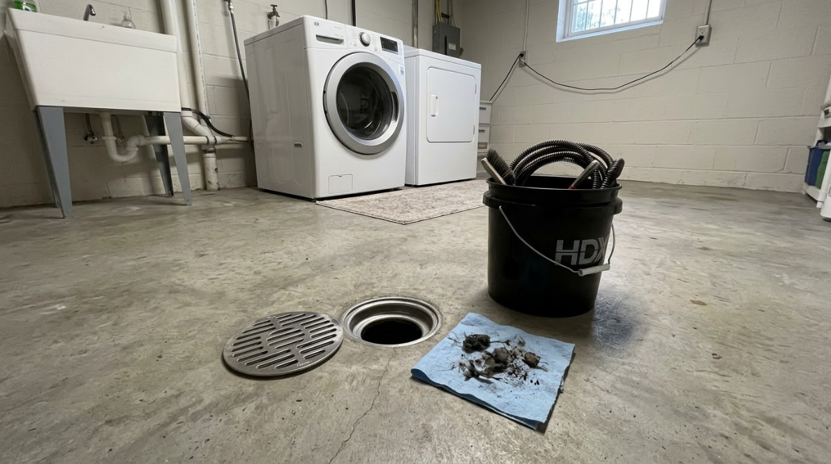 Laundry room with a washing machine, open floor drain, and a black bucket with tools on the floor.