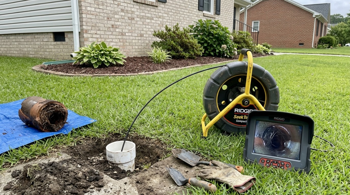 Drain cleaning hose on a lawn beside a house, with a bucket and inspection monitor nearby