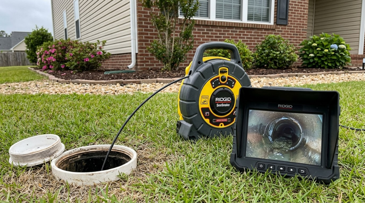 Sewer line inspection setup with drain camera, monitor, and open outdoor access near a house