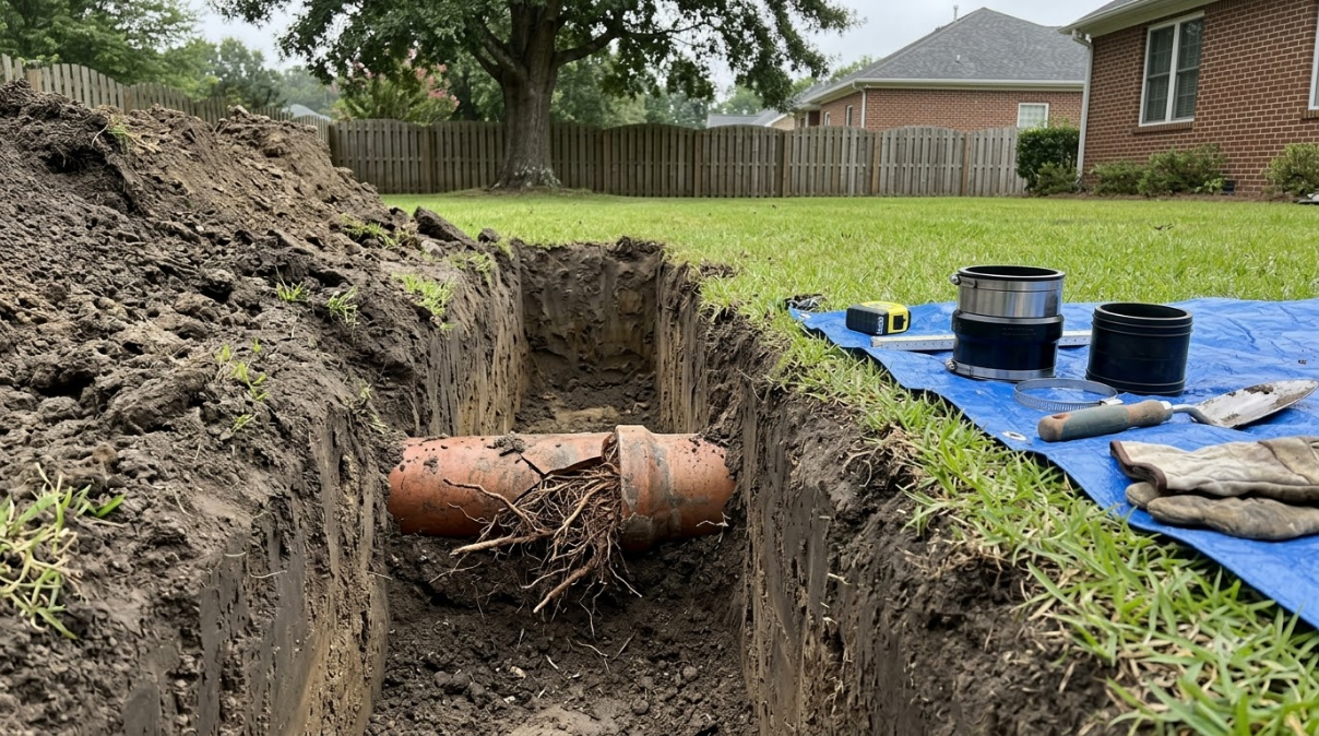 Trench exposing a buried pipe in a grassy yard, with tools and a tarp nearby after digging.