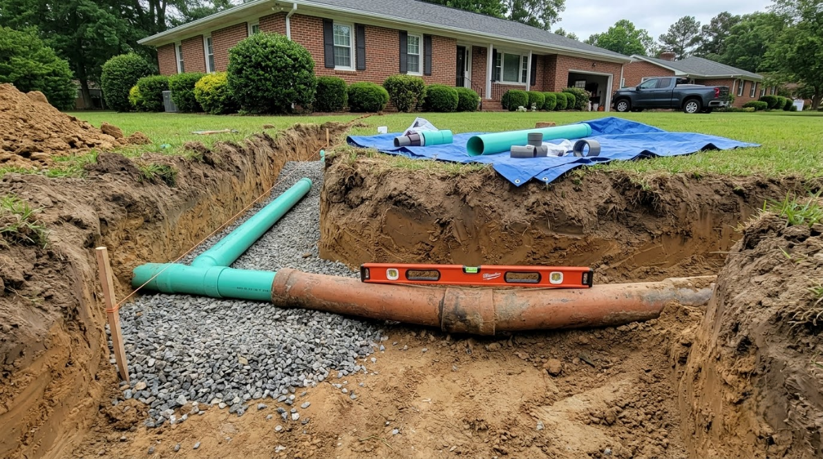 Trenched yard with green PVC pipes and gravel beside a house, covered by blue tarp and a level on the dirt edge