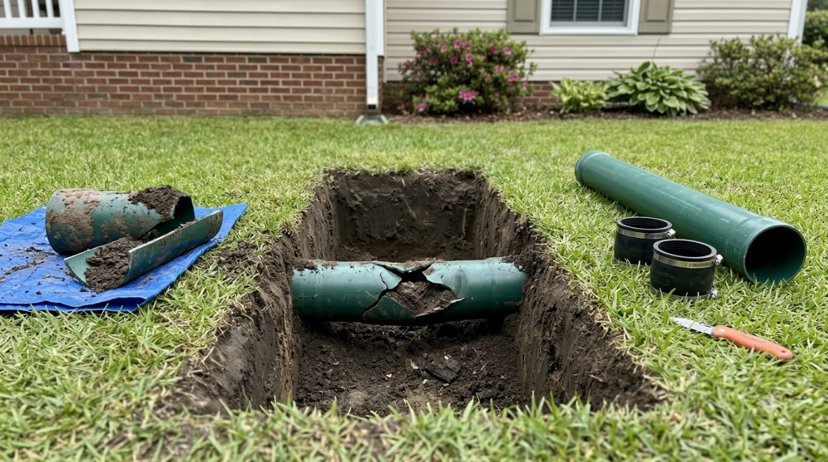 Trench with green pipes and tools in a front yard during underground repair work