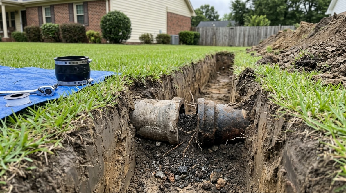 Broken underground pipe in a trench beside a suburban lawn, with dirt piled along the edge and a blue tarp nearby