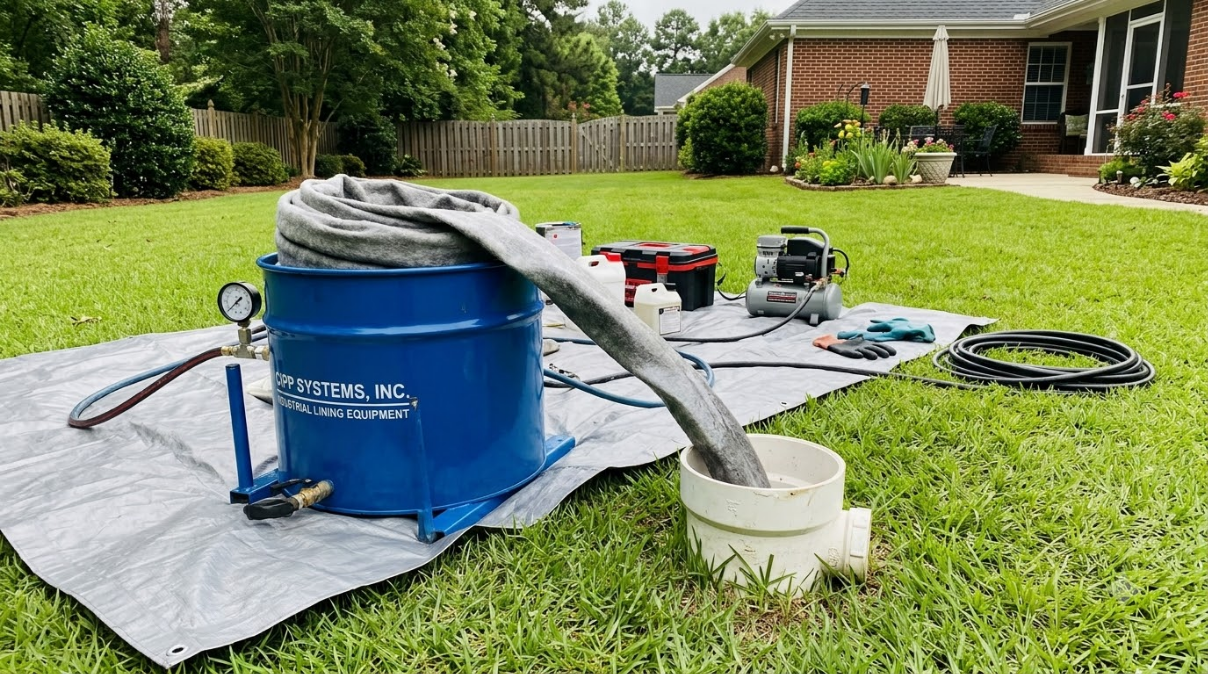 Blue utility tank and hose on a tarp in a grassy yard beside a house.