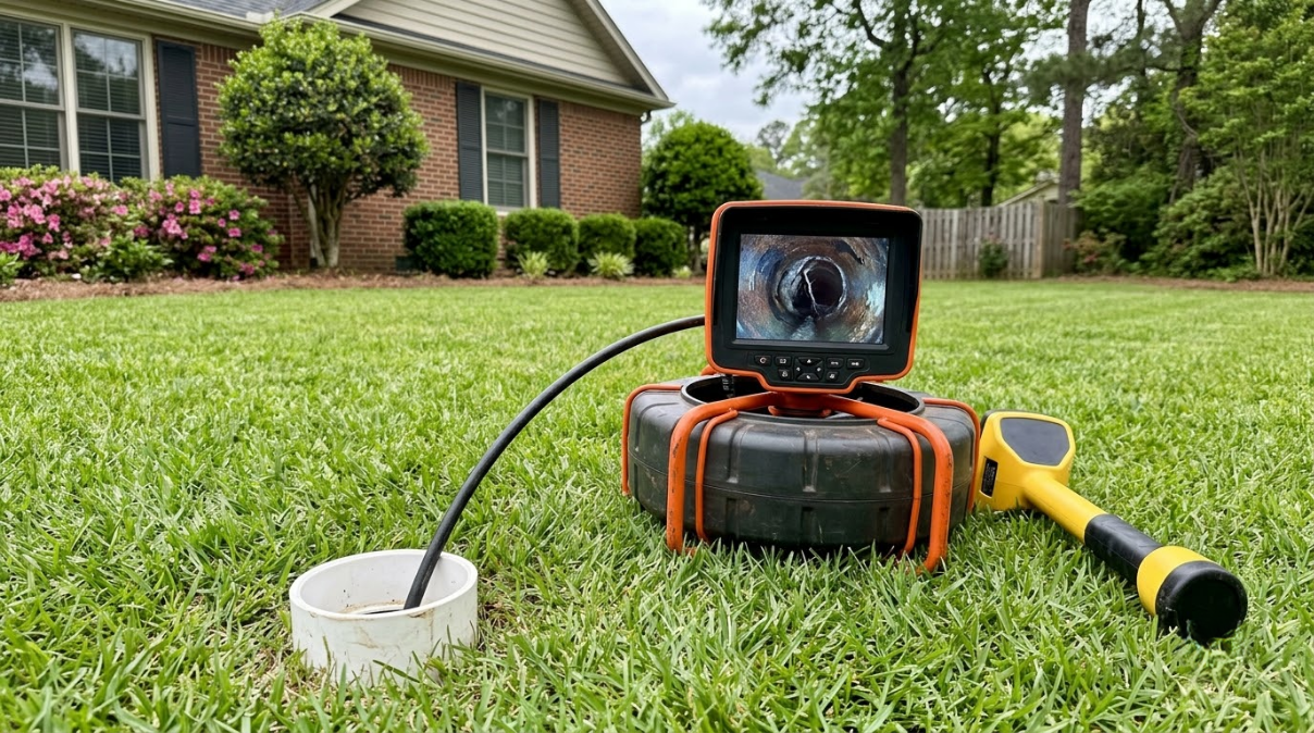 Orange sewer camera on grass with cable and yellow locator tool in front of a house