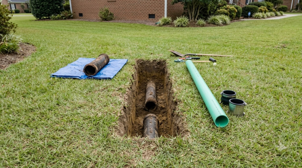 Open trench in a lawn with a black pipe inside, tools, a green pipe, and a blue tarp nearby.
