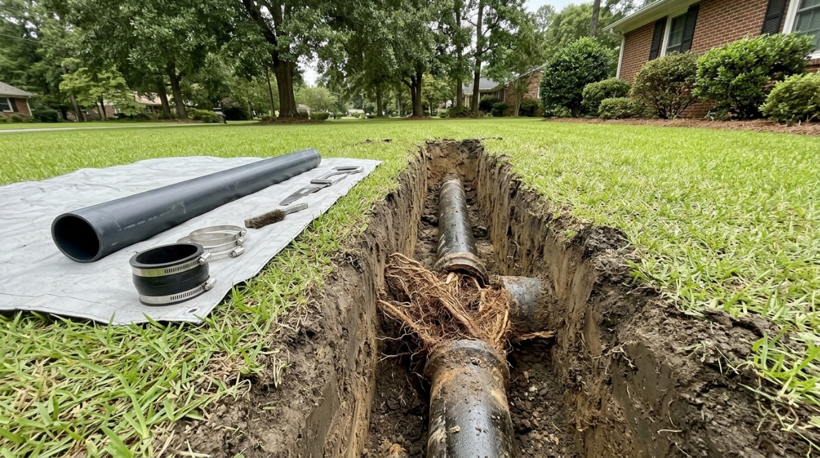 Trenched broken sewer pipe in a grassy yard with replacement pipe and tools nearby