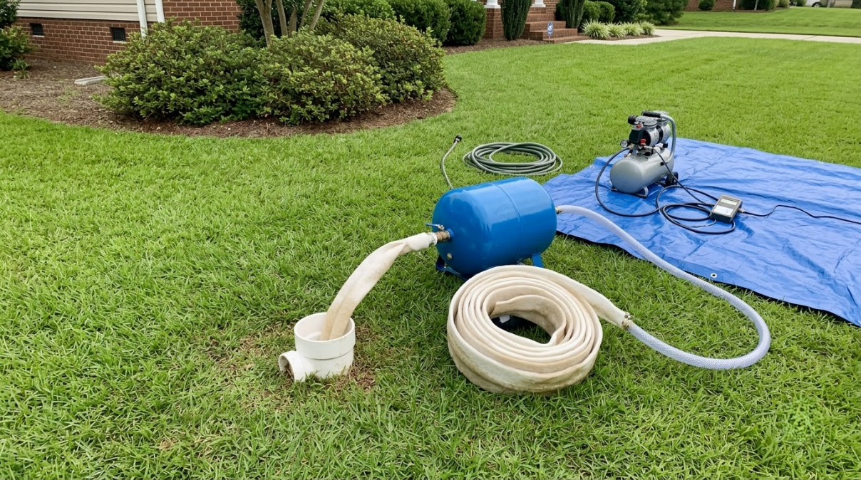Blue pool pump and coiled hose on a blue tarp in a grassy yard, with a white pipe attached.