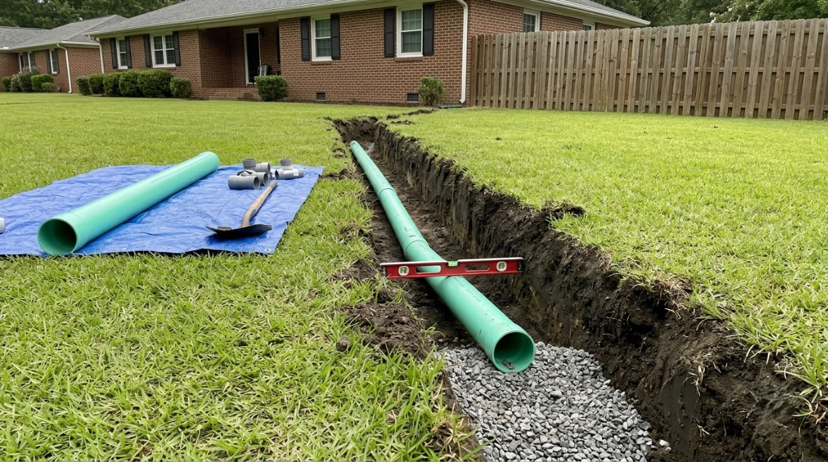 Trench dug in a grassy yard with green pipe and tools beside a brick house.