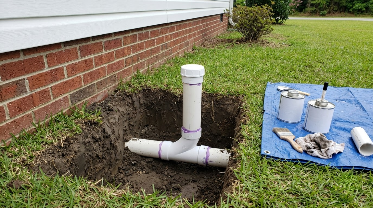 PVC plumbing vent and drain pipes beside a brick house, with a dirt trench and tools on blue tarp
