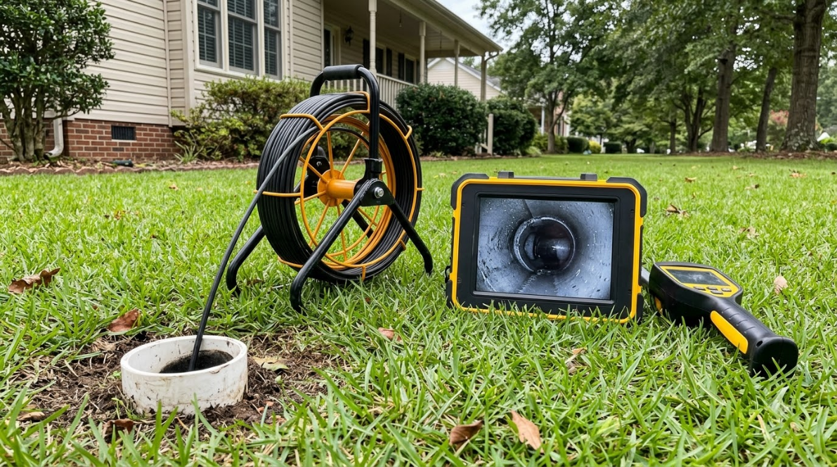 Drain inspection camera gear on grass outside a house: reel, camera head, and monitor.