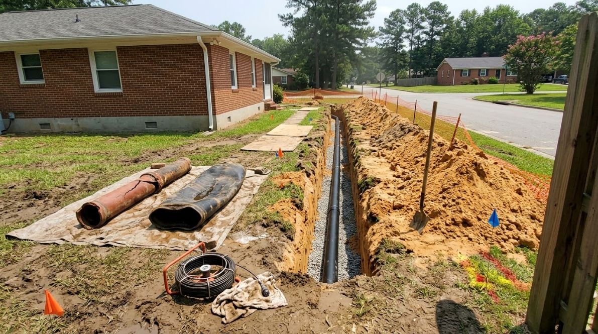 Trenched yard beside brick house, with exposed utility line and construction materials along the street￼