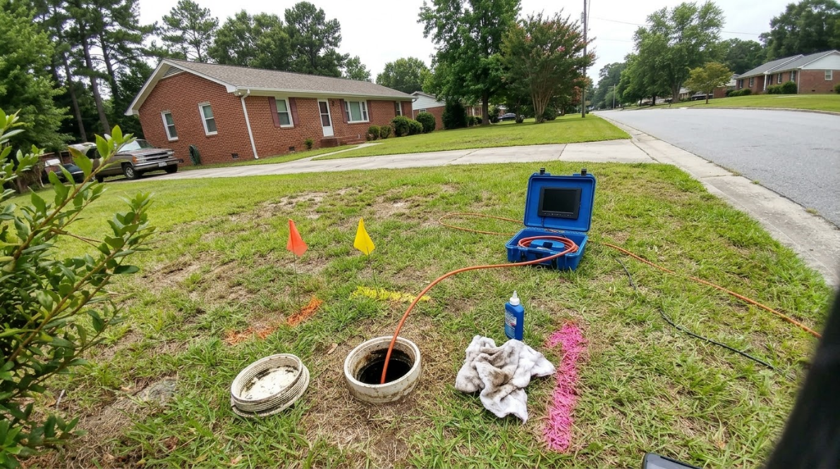 Lawn utility markers and a blue inspection box beside a roadside ditch near a brick house