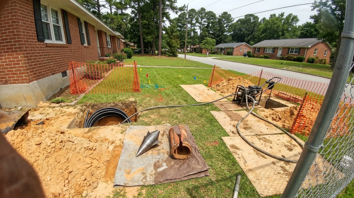 Construction trench beside brick building with exposed pipes, dirt, and orange safety fencing