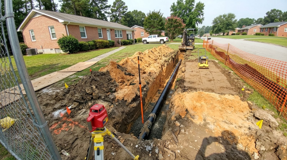 Trench excavation along a residential street with orange safety fencing, exposed soil, and construction equipment
