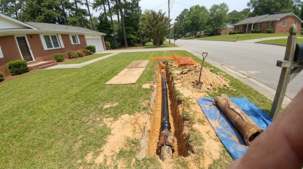 Trench dug along a grassy curb beside a brick house, with pipes and construction materials visible.