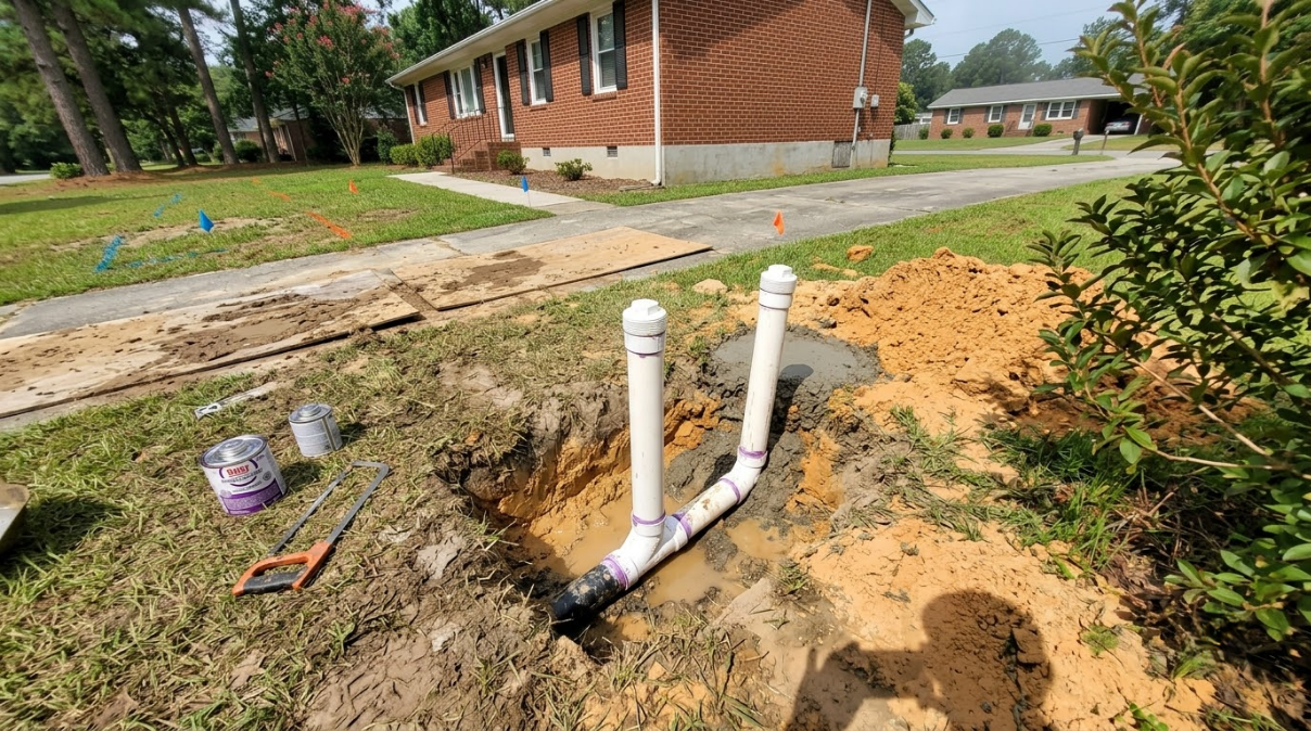 PVC pipes in a dug trench beside a brick house, with dirt and tools nearby.