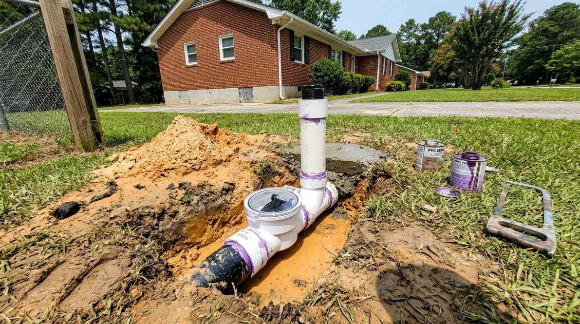 White PVC pipe work in a dirt trench beside a red brick house with tools nearby