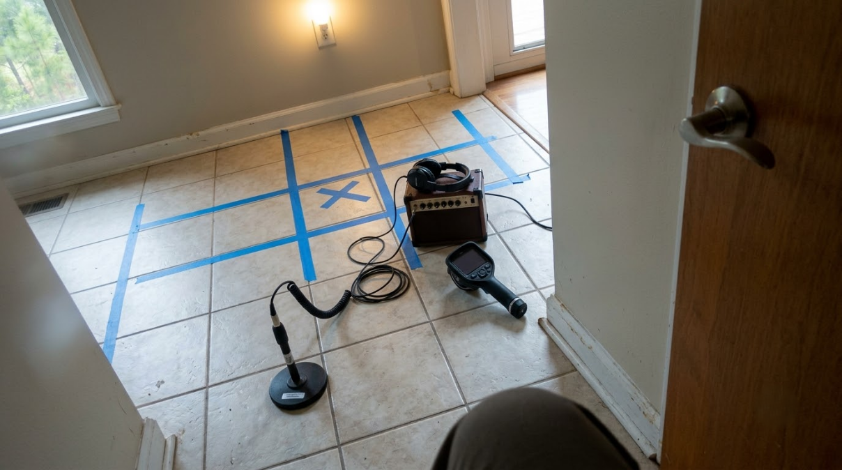 Empty room with tiled floor marked by blue tape, a light, and an electrical device with cords on the floor