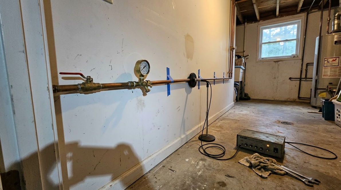 Basement utility room with exposed pipes, a gauge, tools on the floor, and a small window near a door.