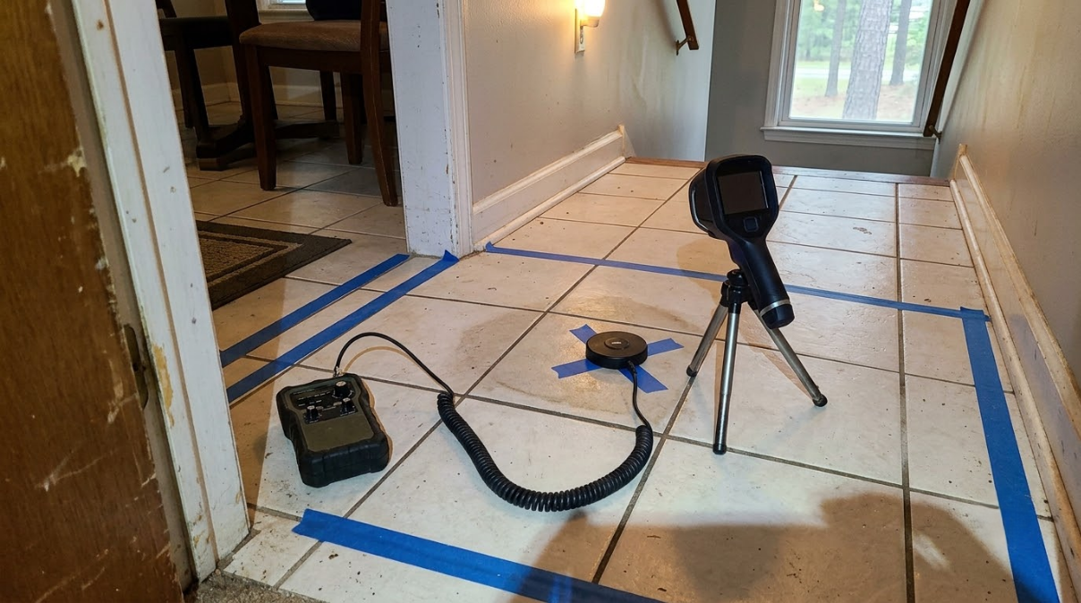 Tile floor marked with blue tape, with tripod, cables, and a tool in a hallway under renovation