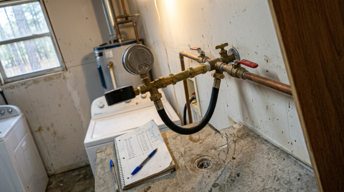Cluttered utility room with exposed plumbing, a washer, and debris on the floor near a window.
