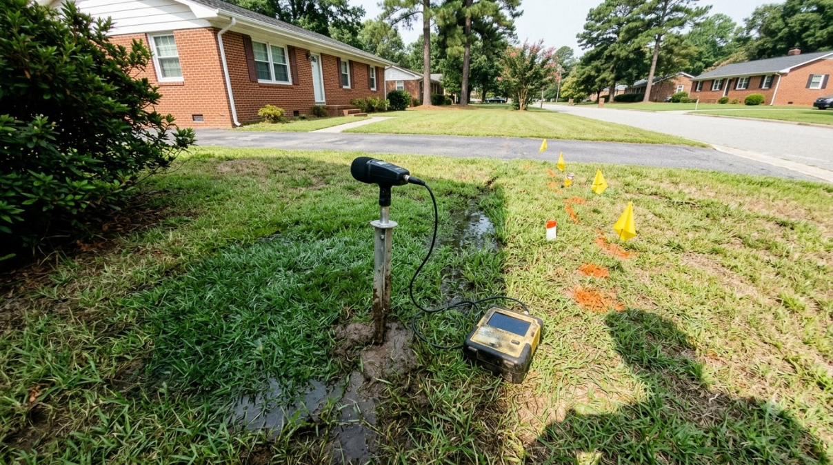 Sprinkler valve box and black pipe in a muddy front yard with orange survey flags by a brick house
