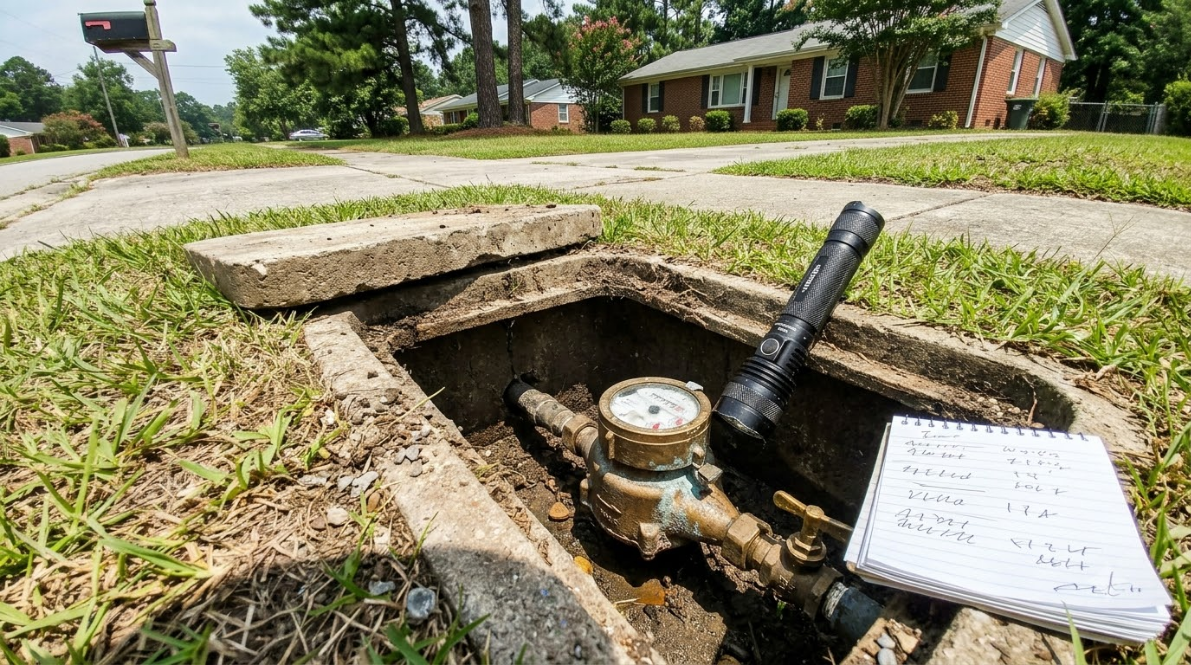 Water meter in open sidewalk utility box with a black pipe and a note beside it.