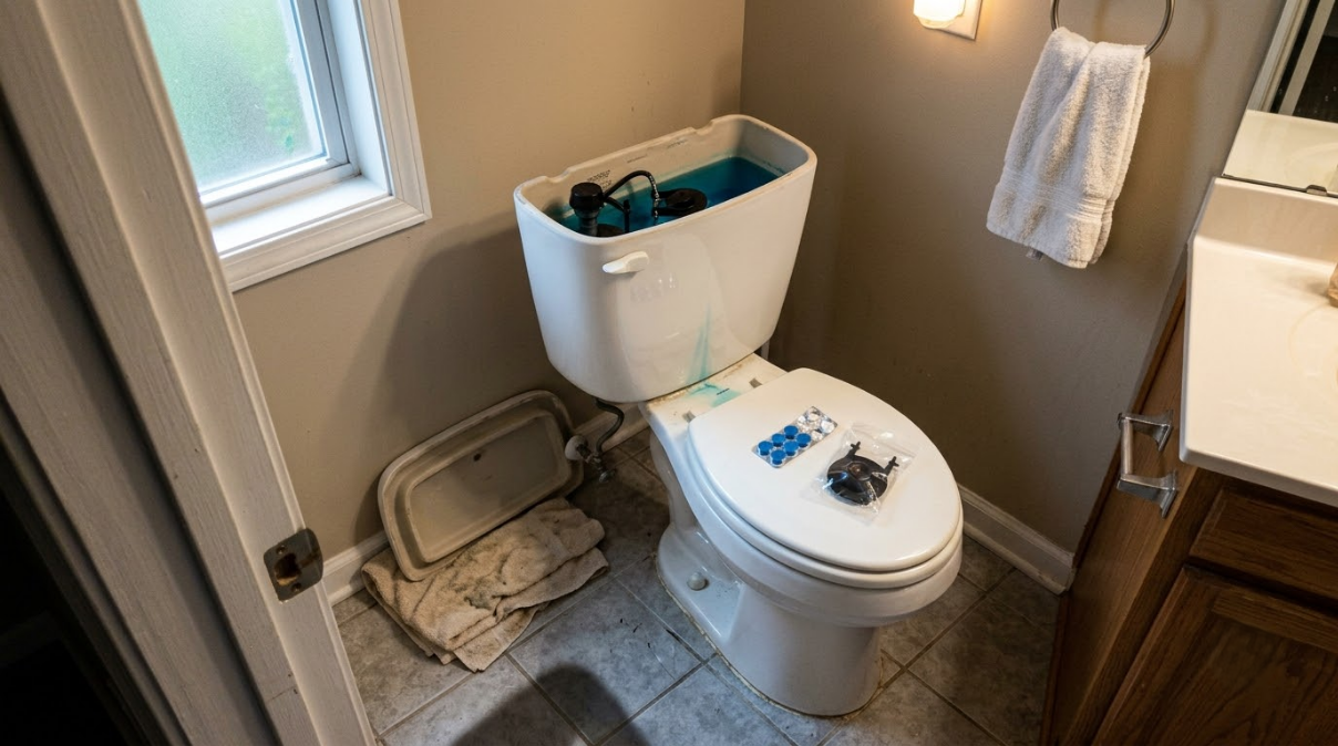 Small bathroom with a toilet, window, towel, trash bin, and vanity sink