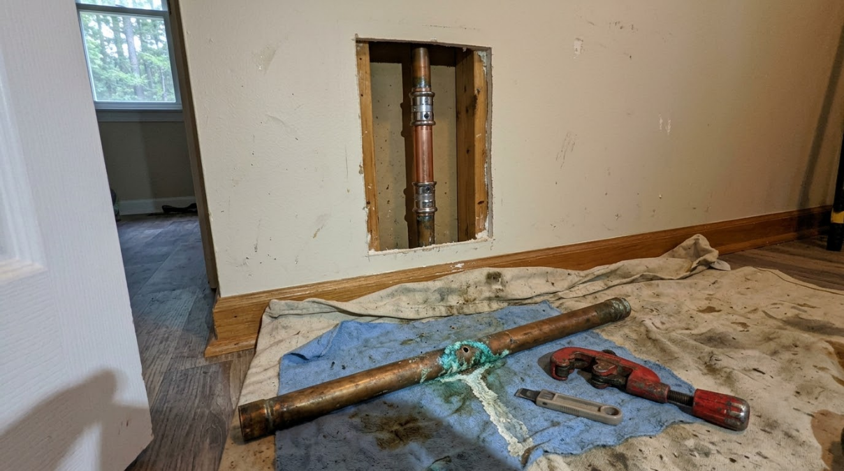 Partially demolished room with exposed wall plumbing, tools, and debris on a tarp