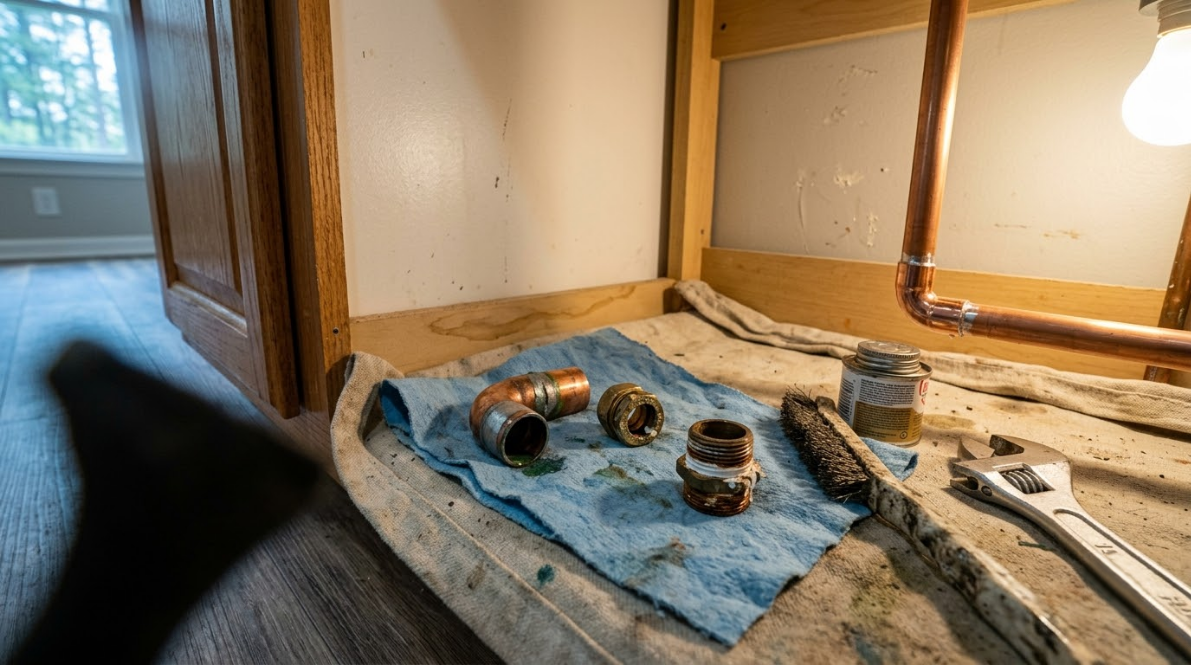 Plumbing parts and tools on a workbench covered with a blue cloth near a window in a small room