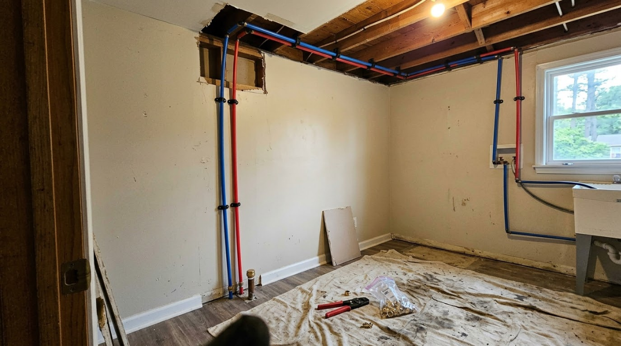 Partially renovated room with exposed pipes, white walls, and a window; floor covered in protective plastic.