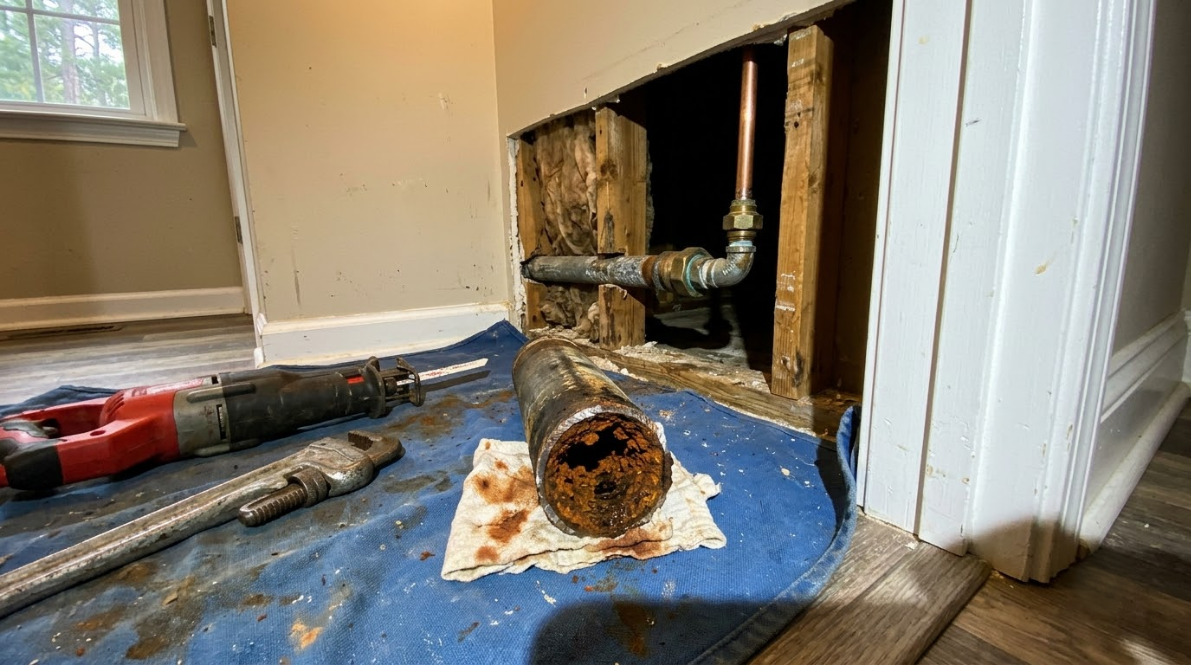 Pipe repair in progress beside a wall opening, with tools and exposed plumbing on a blue tarp.