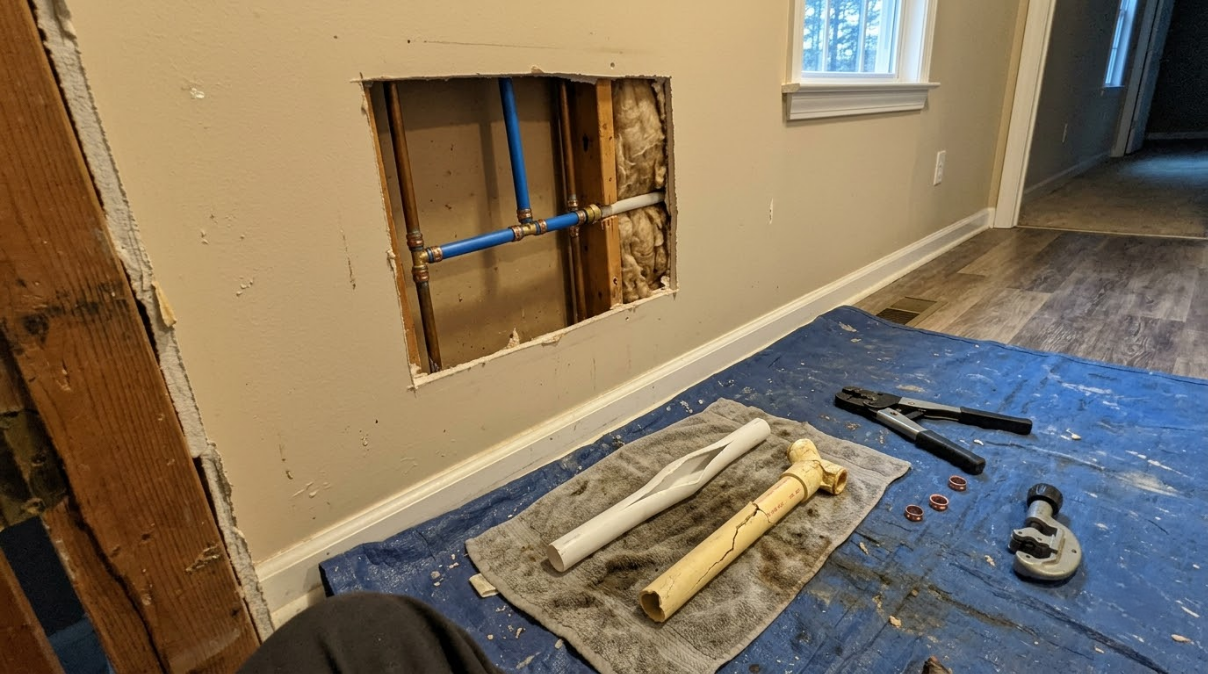 Interior room under renovation with exposed wall framing, tools, and a blue tarp on the floor