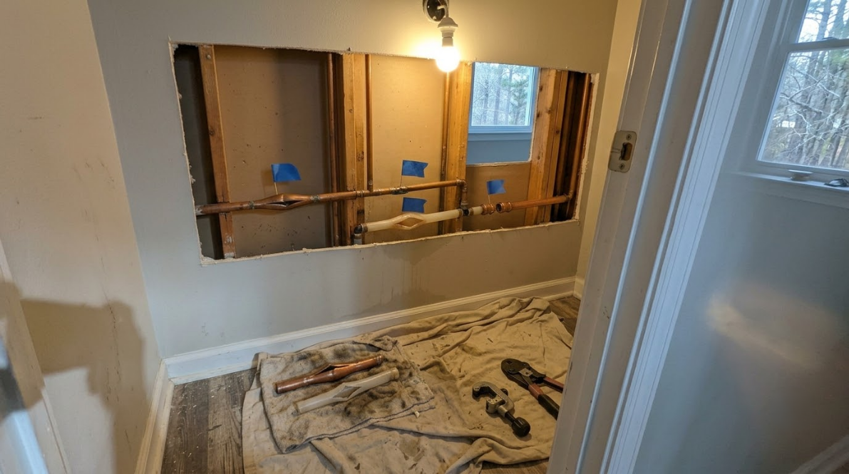 Bathroom under renovation with exposed wall framing, tools, and protective drop cloths on the floor