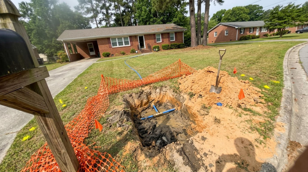 Orange fencing around a muddy excavation hole in a front yard, with a house and trees in the background