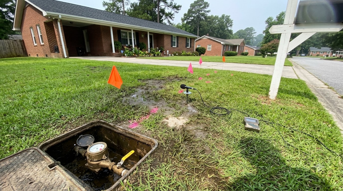 Utility meter box opened in a grassy yard beside a brick house, with orange utility flags nearby.