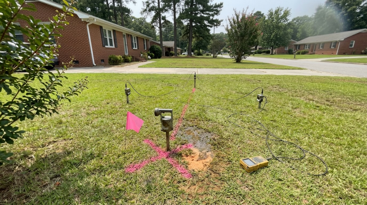 Grassy yard with a sprinkler, pink flag marker, and a utility box near brick buildings and a road