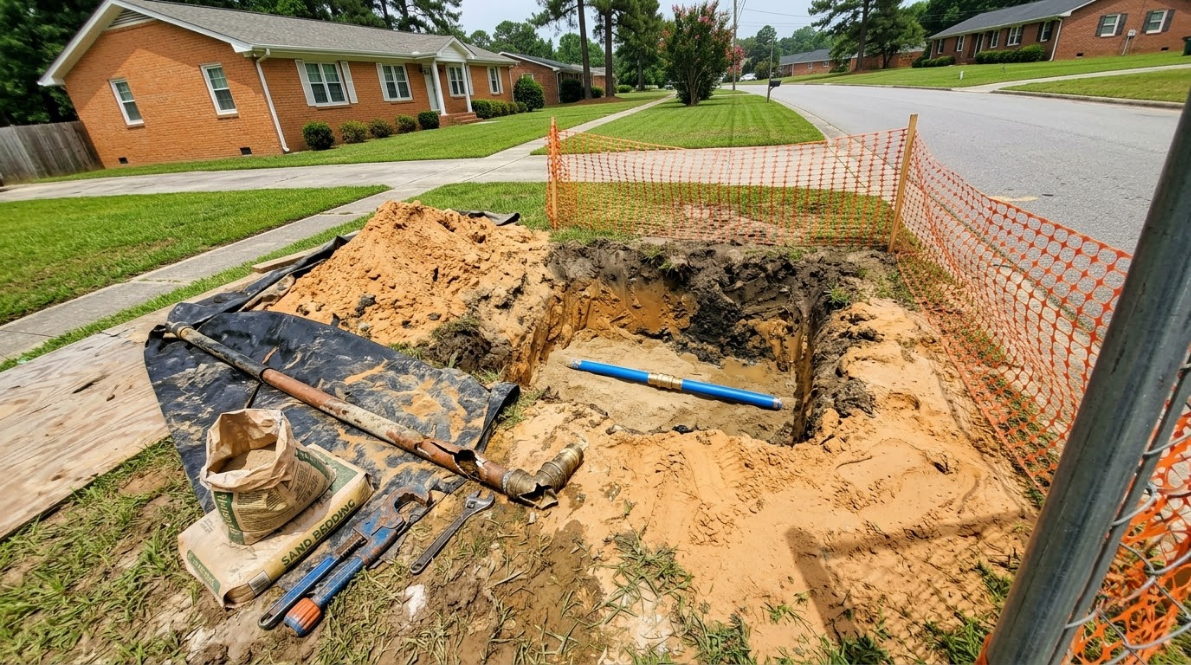 Orange safety fencing surrounds a muddy excavation pit beside a residential street with tools and pipes visible.