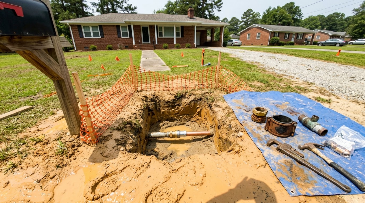 Excavation hole in front yard beside a house, with tools, blue tarp, and orange safety fencing