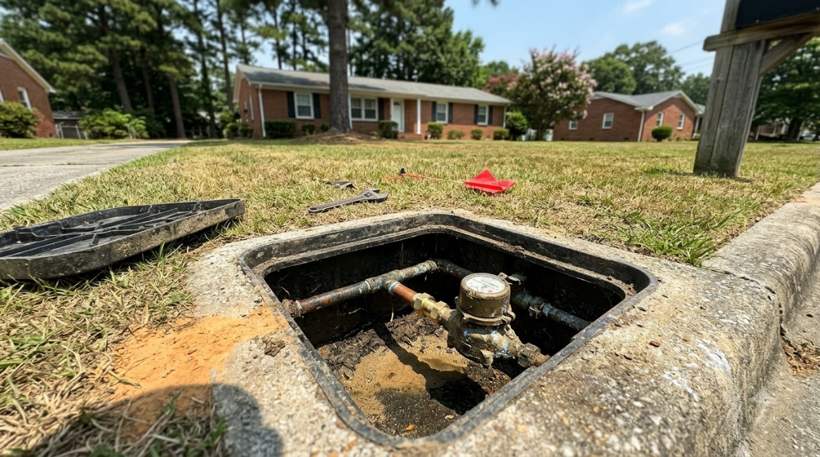 Open utility meter box in a grassy yard with houses in the background