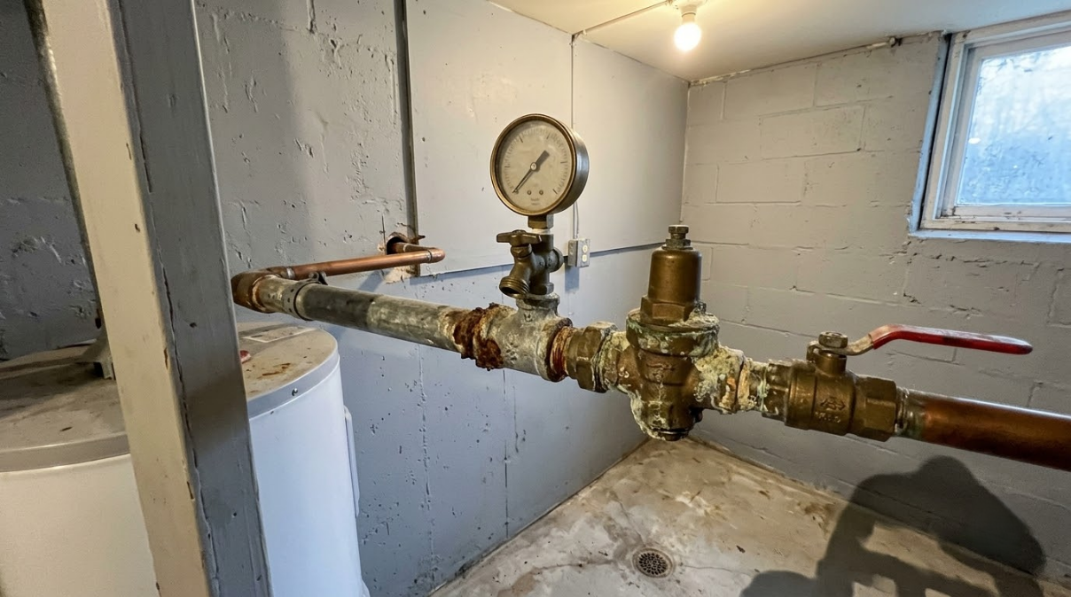 Basement utility room with a large pipe, pressure gauge, and red-handled valve near a small window